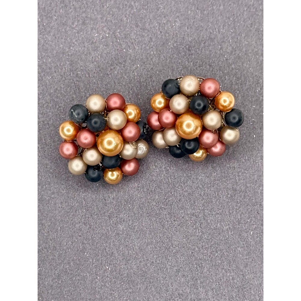 Vintage Japan Multicolor Faux Pearl Cluster Clip-On Statement Earrings - Picture 2 of 11
